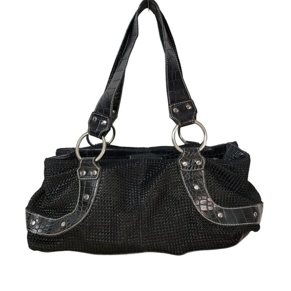 Super Cute Moto Style Woven Bag with Faux Crocodile Accents - Picture 2 of 9
